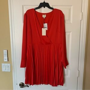 NWT Adelyn Rae Red V-Neck Wrap Bodice Long Cuff Sleeve Pleated Satin Skirt Dress